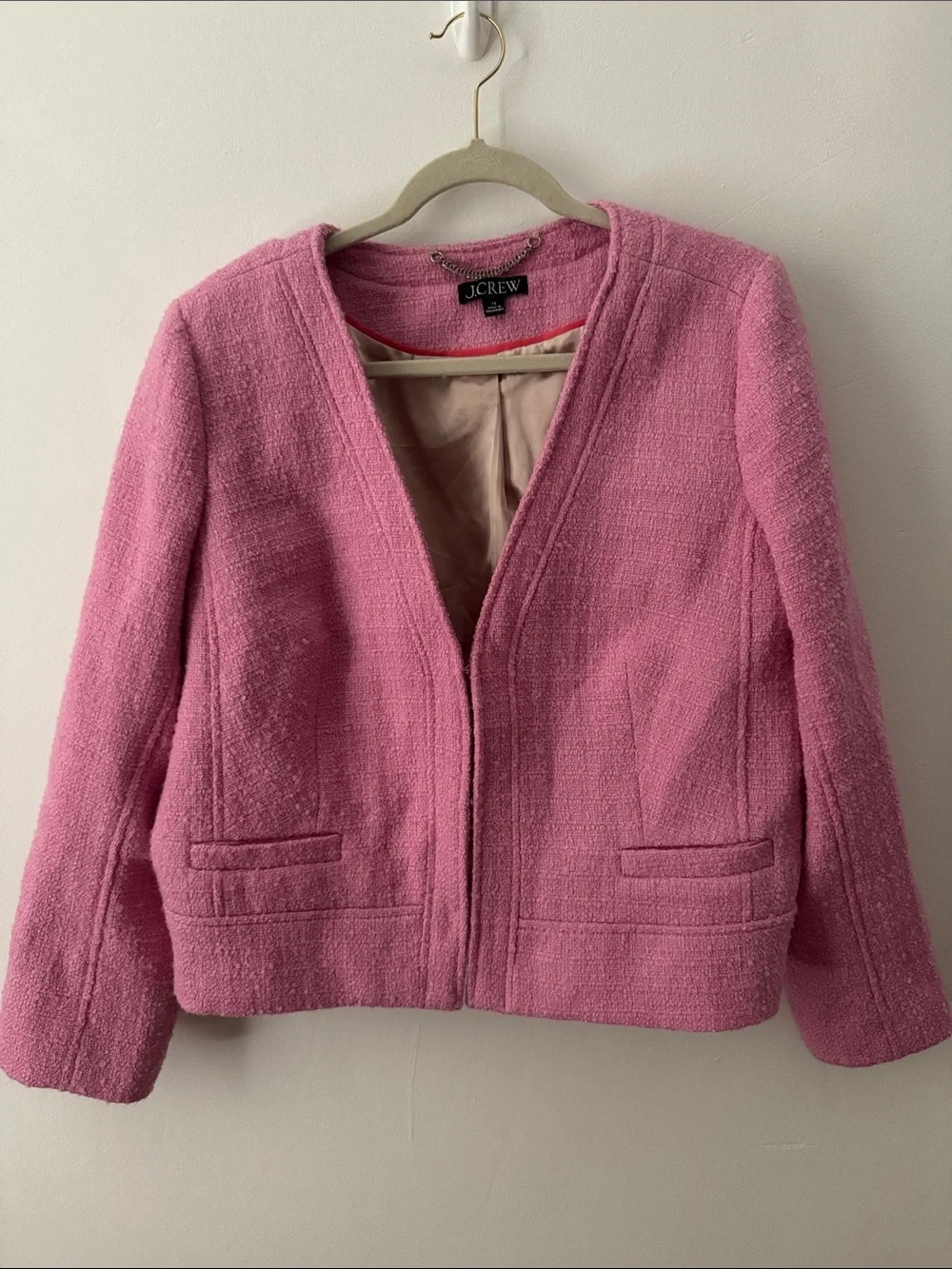 J. Crew Pink Bouclé Collarless Blazer